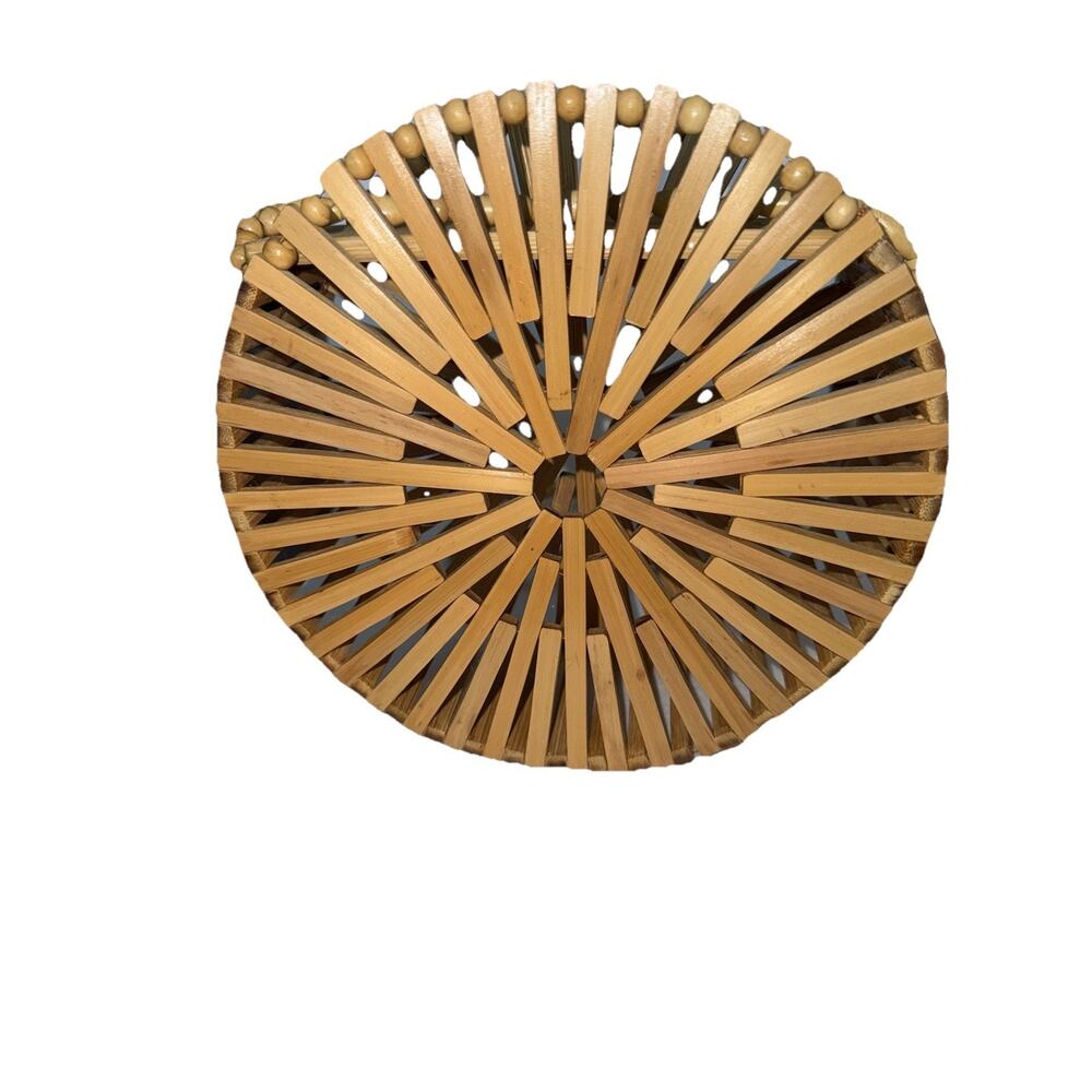 Handmade Bamboo Open Slats Round Cylinder Purse 8in Diameter With Shoulder Strap - Picture 3 of 8
